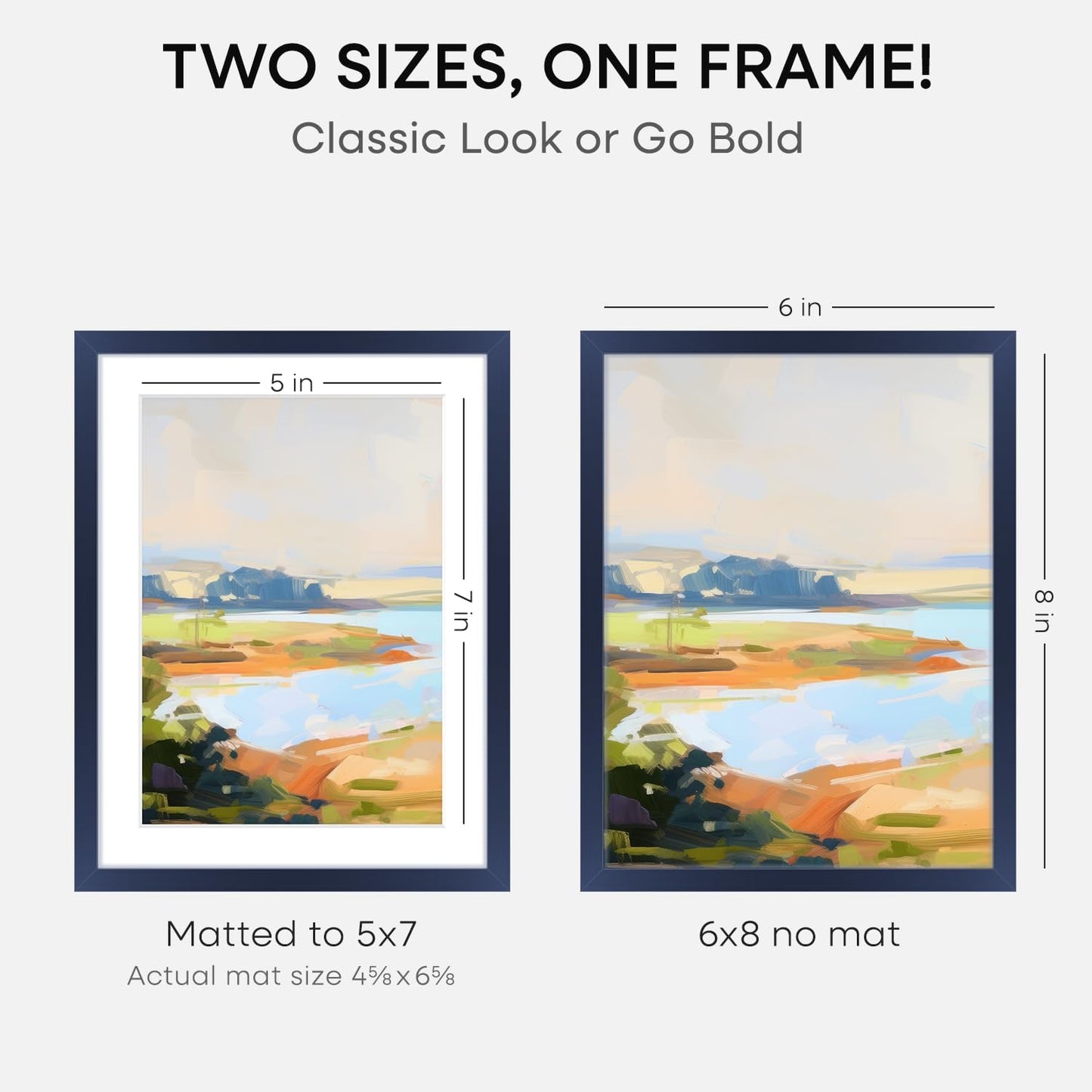 Homeforia Navy Blue 6x8 Picture Frame, High End Metal 6 x 8 Frames with Mat 5 x 7 for Print, 6by8 Desk Frame Matted to 5x7 inch Photo, 6 by 8 Wall or Tabletop Frame, Tempered Glass, Wall Kit, Set of 2