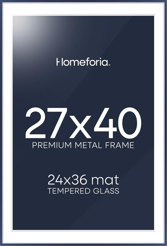 Homeforia 27x40 Poster Frame Navy Blue, High End Metal 27x40 Large Picture Frames with Mat 24x36 inch Photo, 27 x 40 Thin Frame Matted to 24 x 36 Print, 40x27 Frame, Tempered Glass, Wall Kit, Set of 1