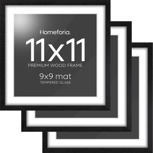 Homeforia 11x11 Black Wood Frame, High-End Oak 11 x 11 Square Picture Frames with Mat 9 by 9 inch Photo, 11by11 Wooden Frame Matted to 9x9 Art, Wall Hanging Frames, Tempered Glass, Wall Kit, Set of 3