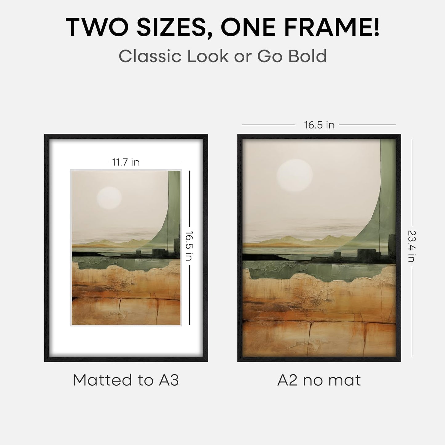Homeforia A2 Black Wood Frame, High End Oak 16.5 x 23.4 Black Wooden Poster Frames Matted to 11.7 by 16.5 in Photo, A2 Size Wood Picture Frame with Mat A3 for Print, Tempered Glass, Wall Kit, Set of 2