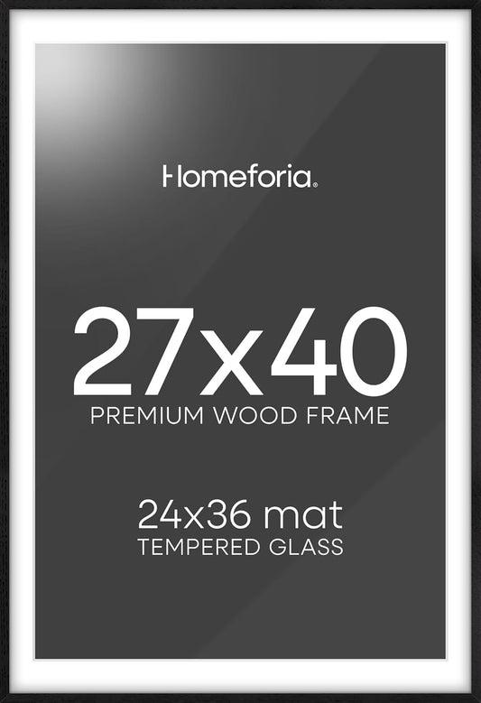 Homeforia 27x40 Picture Frame Black Wood, High End Oak 27x40 Large Picture Frames with Mat 24x36 inch Photo, 27 x 40 Wooden Frame Matted to 24 x 36, 40x27 Thin Frame, Tempered Glass, Wall Kit, Set of 1