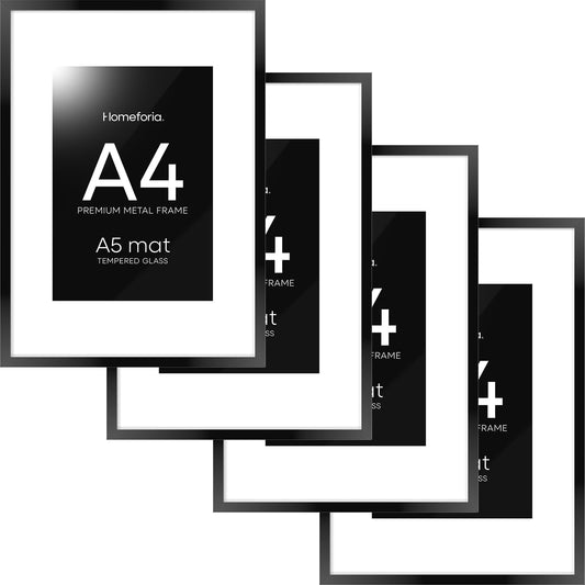 Homeforia A4 Picture Frame Black, High End Metal 8.3 x 11.7 Frames for Wall, A4 Photo Frame with Mat for A5 inch Print, 8.25 by 11.75 Black Poster Frames, 8.3x11.7 Frame with Glass, Wall Kit, Set of 4