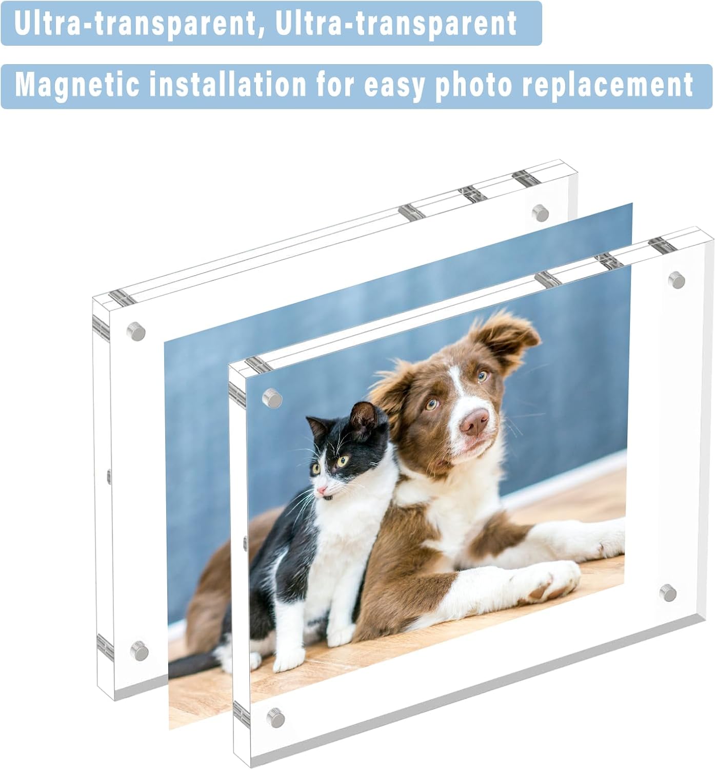 HELPLEX 5 Pack 8x8 Acrylic Picture Frames, 24mm Thicker Square Frameless Clear Frame Double Sided Magnetic Frame, Free Standing Desktop Display Stand Acrylic Frames
