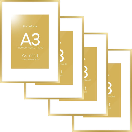 Homeforia A3 Picture Frame Gold, High End Metal 11.7 x 16.5 inch Poster Frames with Mat 8.3 by 11.7 for Photo, A3 Size Frames Matted to A4 Print, 11.7x16.5 Wall Hanging Frame, Tempered Glass, Set of 4