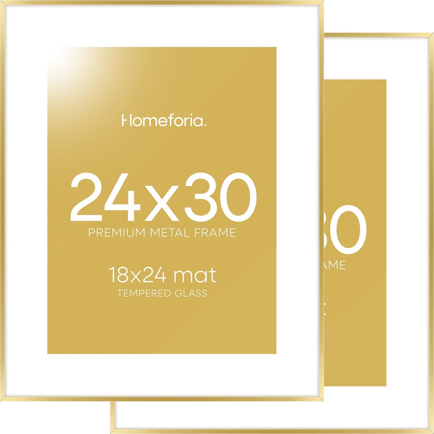 Homeforia 24x30 Picture Frame Gold, High End Metal 24 x 30 Poster Frames with 18 by 24 Mat Opening, 24x30 Gold Photo Frame Matted to 18x24 Print, 30x24 Large Frames, Tempered Glass, Wall Kit, Set of 2