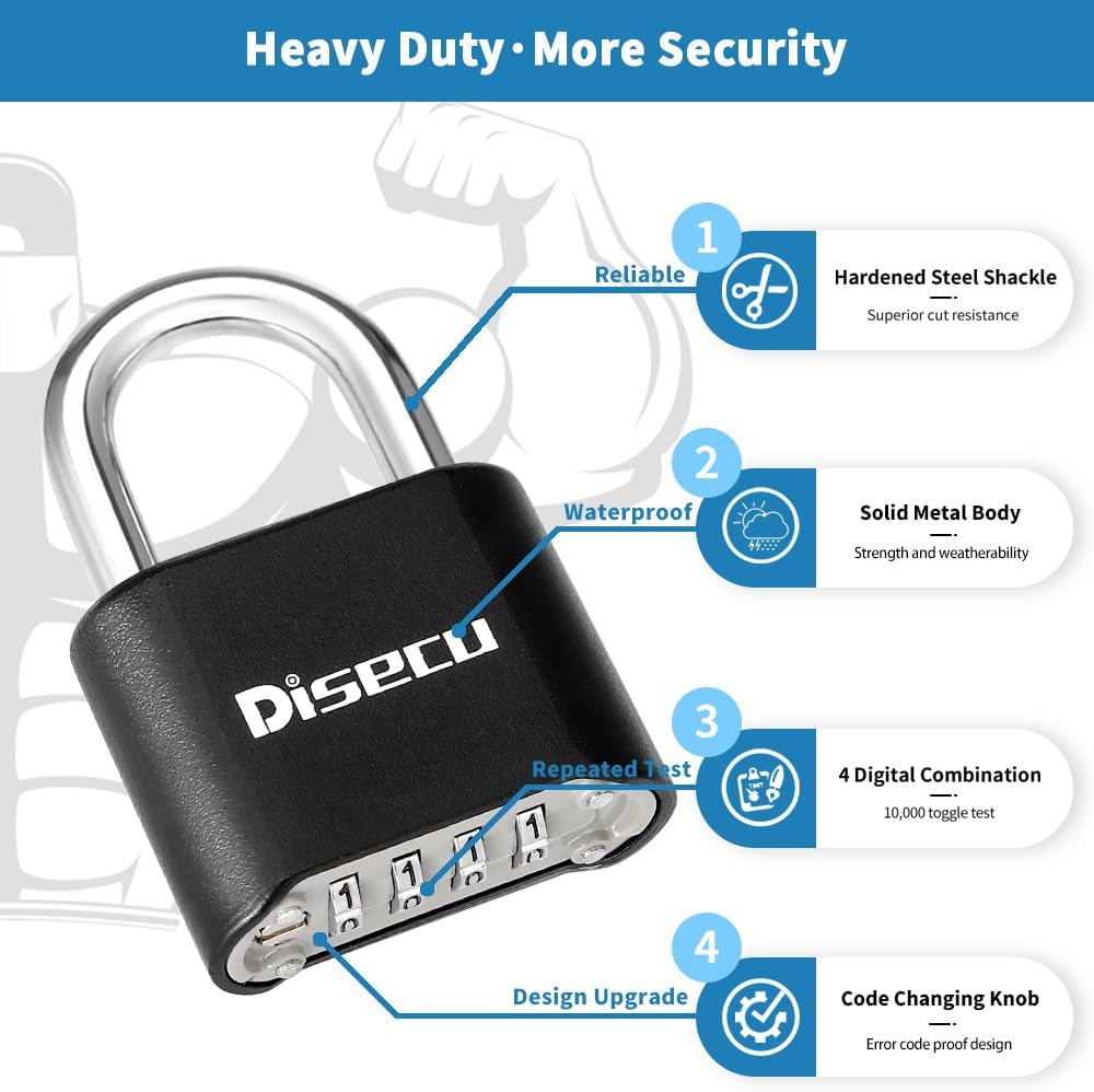 1 Pack disecu Heavy Duty 4 Digit Combination Lock, Anti-Error Feature, Outdoor Waterproof Padlock for School Gym Locker, Fence, Gate, Hasp Storage, Toolbox (Black)