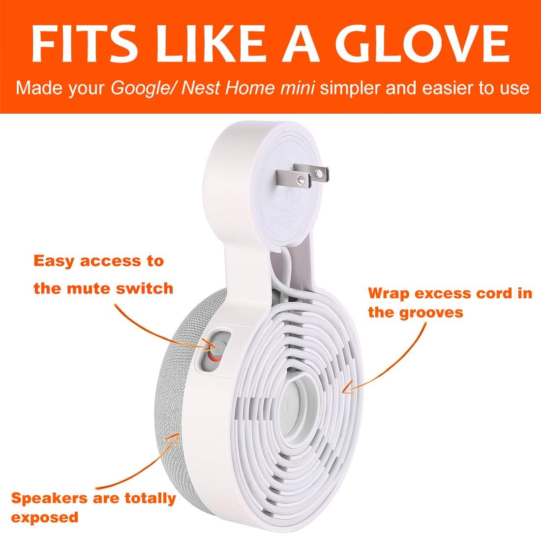 PEF Outlet Wall Mount Holder for Google Nest Mini and Google Home Mini, A Space-Saving Accessories with Cord Management for Google Mini Smart Speaker, No Messy Wires or Screws (1 Pack)