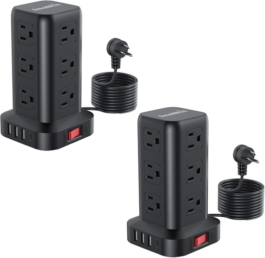 2 Pcs Power Strips with Surge Protection, 6.5 FT Extension Cord with Multiple Outlets, 12 AC 4 USB (1 USB C), Surge Protector Power Strip Tower Overload Protection for Home Office Desk