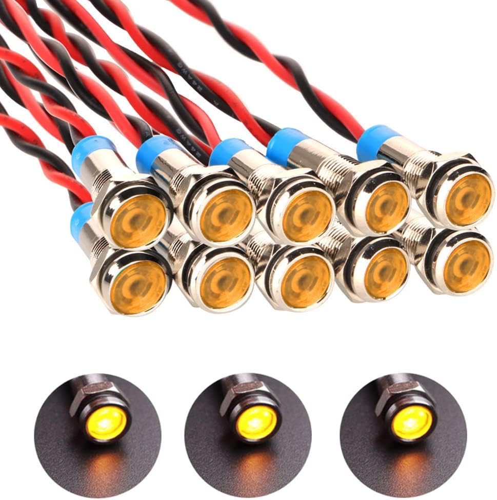 10pcs 6mm Waterproof Wired LED Indicator Light AC/DC 12-24V (Yellow)