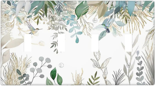 Green Tropical Palm Leaves Flower Plants Hummingbird Light Switch Covers Quad Toggle Electrical Faceplate 4 Gang Wall Plate Decorative Switch Plates for Bed Room Living Room Decor