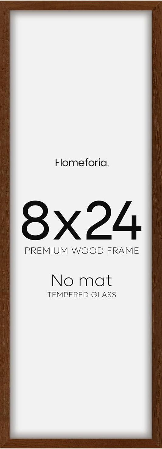 Homeforia 8x24 Panoramic Frame Brown, High End Dark Oak 8 x 24 Picture Frame Wood without Mat, 24x8 Thin Wooden Walnut Poster Frames for Wall, 8 by 24 Display Frame, Tempered Glass, Wall Kit, Set of 1