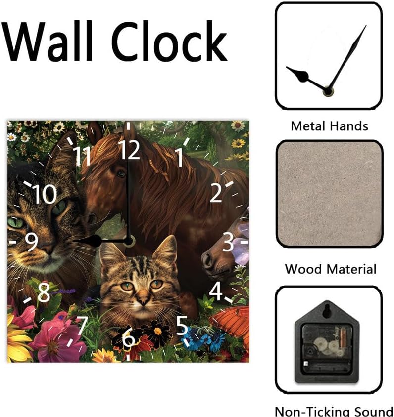 10 in Garden Cats and Horses -290 Wood Wall Clock – Digital Time Display, Smart Home Compatible for Bedside or Workspace