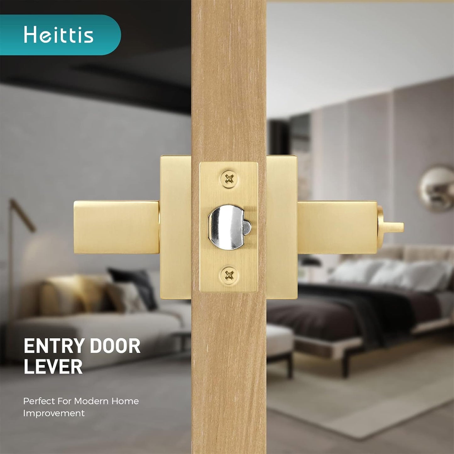 2 Pack Gold Door Handles Interior with Keys(Keyed Alike), Exterior Door Handles Brass Door Knobs, Gold Door Knobs Interior and Locked Inside with Button, Left or Right Handing