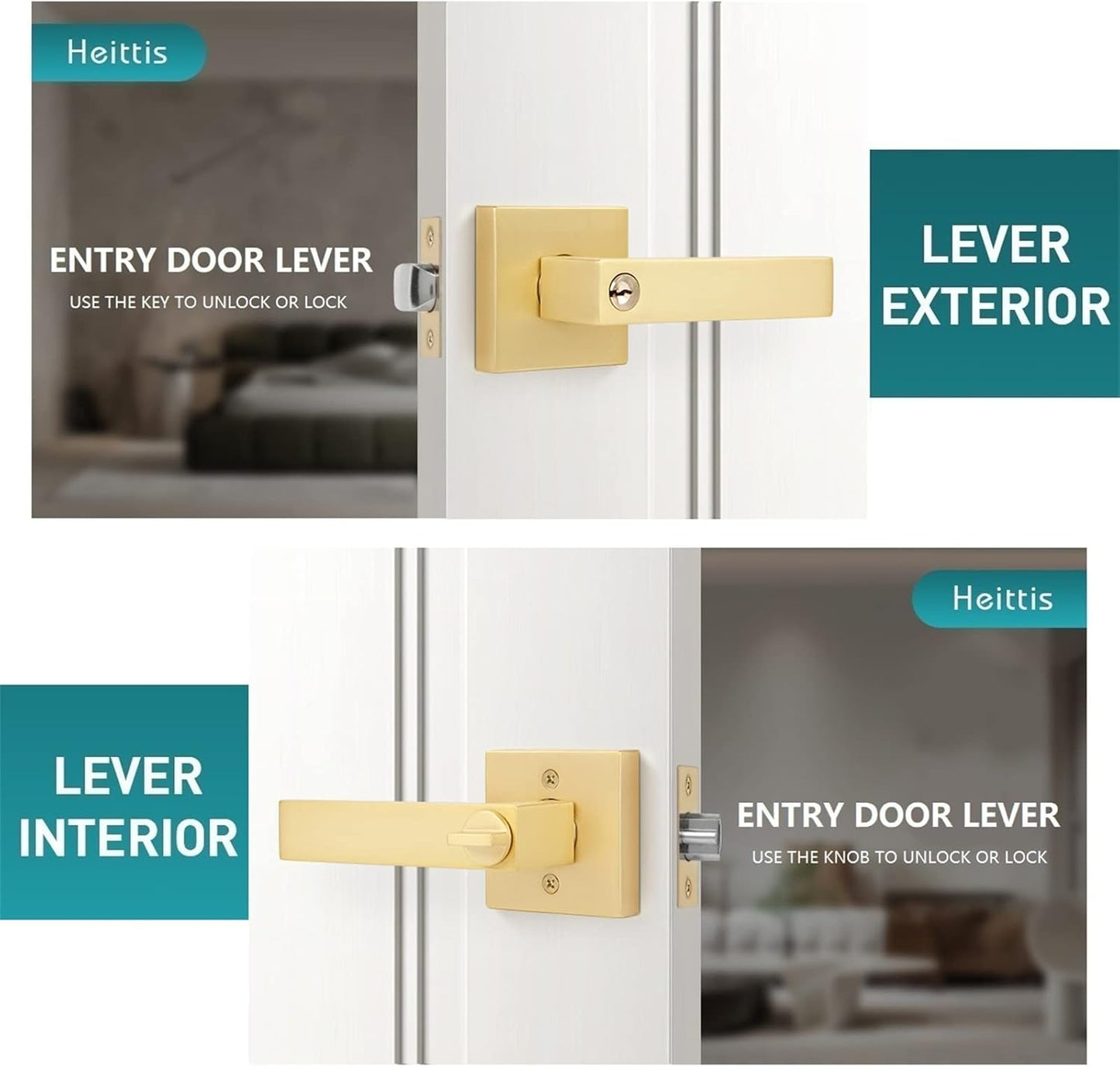 2 Pack Gold Door Handles Interior with Keys(Keyed Alike), Exterior Door Handles Brass Door Knobs, Gold Door Knobs Interior and Locked Inside with Button, Left or Right Handing