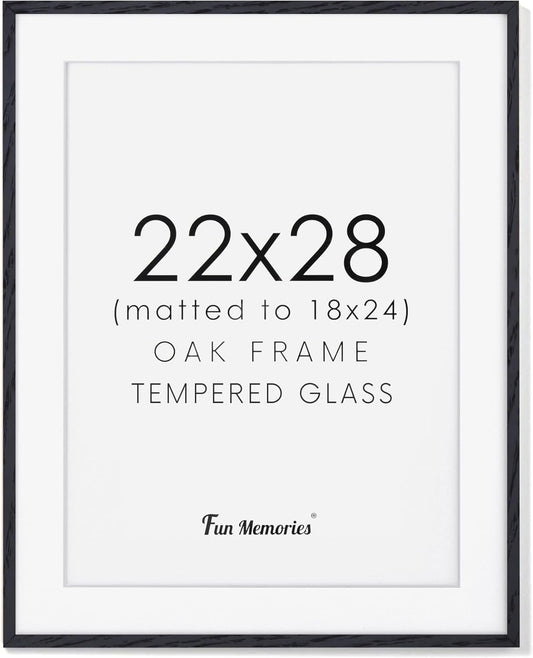 22x28 Black Picture Frame, 22x28 Poster Frame - Solid Oak Wood and Tempered Real Glass, 22x28 Frame with Mat for 18x24, Black Wood Frame 22 by 28, 22"x28" Art Frame