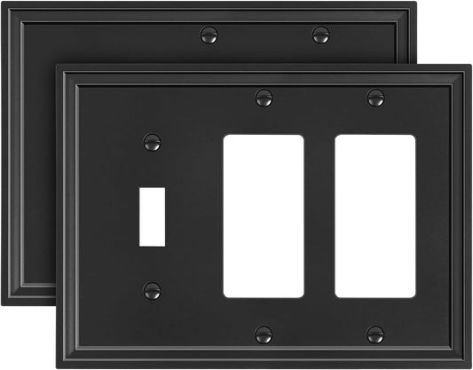2-Pack Combo Toggle/Double Decorator Light Switch Cover Plate, Black Modern Decorative Electrical Outlet Covers, Bamboo Fiber Wall Switch Plates and Outlet Covers