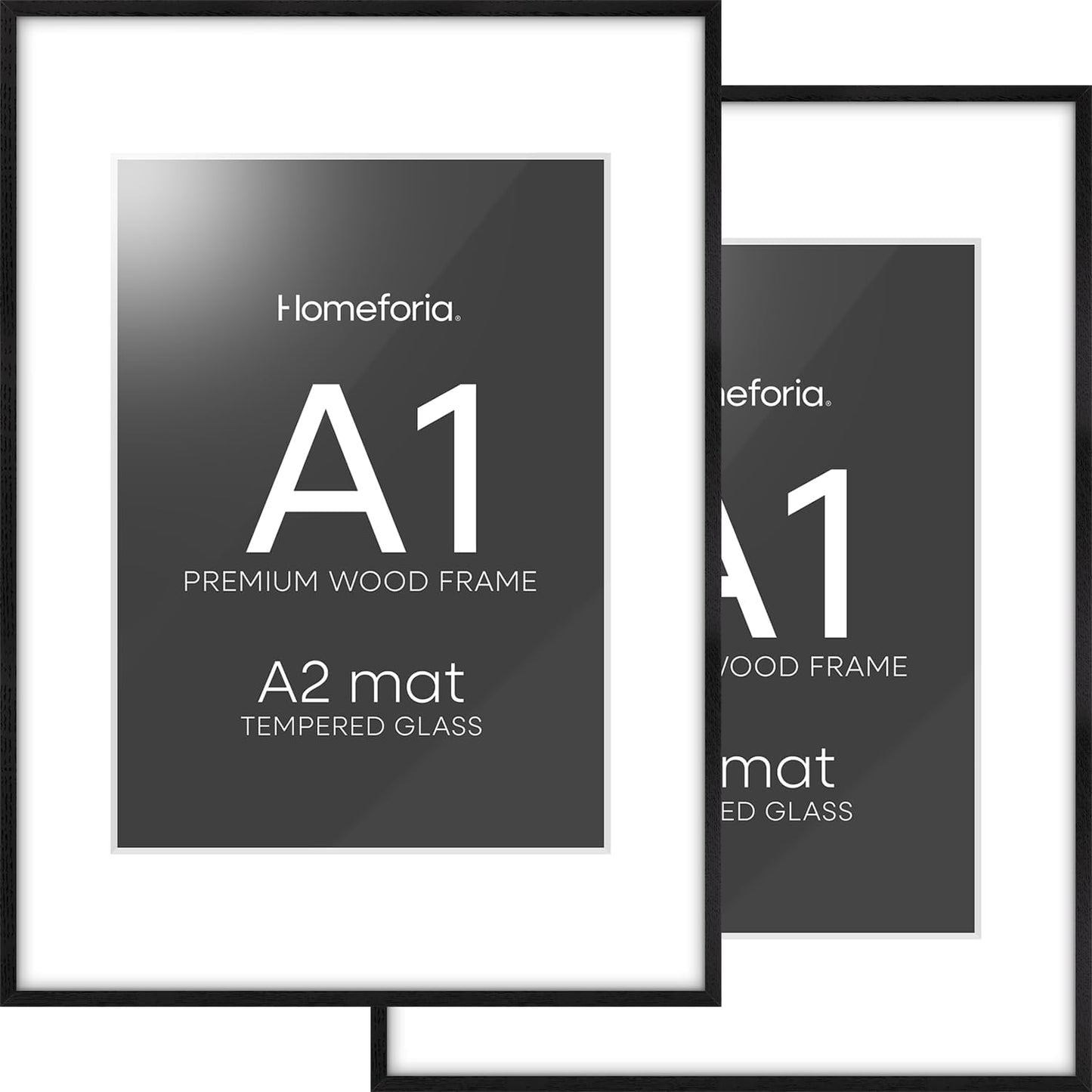 Homeforia Black Wood A1 Frame, High End Oak 23.4 x 33.1 Black Wooden Poster Frames Matted to 16.5 by 23.4 inches Photo, A1 Size Large Wood Picture Frame with Mat A2, Tempered Glass, Wall Kit, Set of 2