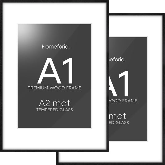 Homeforia Black Wood A1 Frame, High End Oak 23.4 x 33.1 Black Wooden Poster Frames Matted to 16.5 by 23.4 inches Photo, A1 Size Large Wood Picture Frame with Mat A2, Tempered Glass, Wall Kit, Set of 2