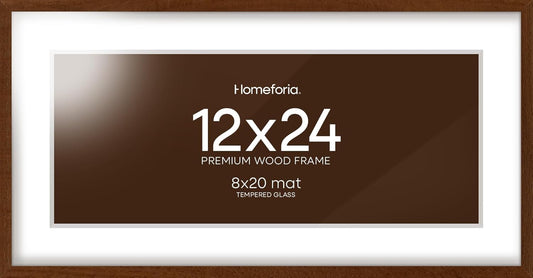 Homeforia 12x24 Picture Frame Brown, High End Dark Oak 12x24 Walnut Wood Poster Frame with Mat 8x20 Print, 12 x 24 Wooden Frame Matted to 8 x 20 Photo, 24x12 Frames, Tempered Glass, Wall Kit, Set of 1