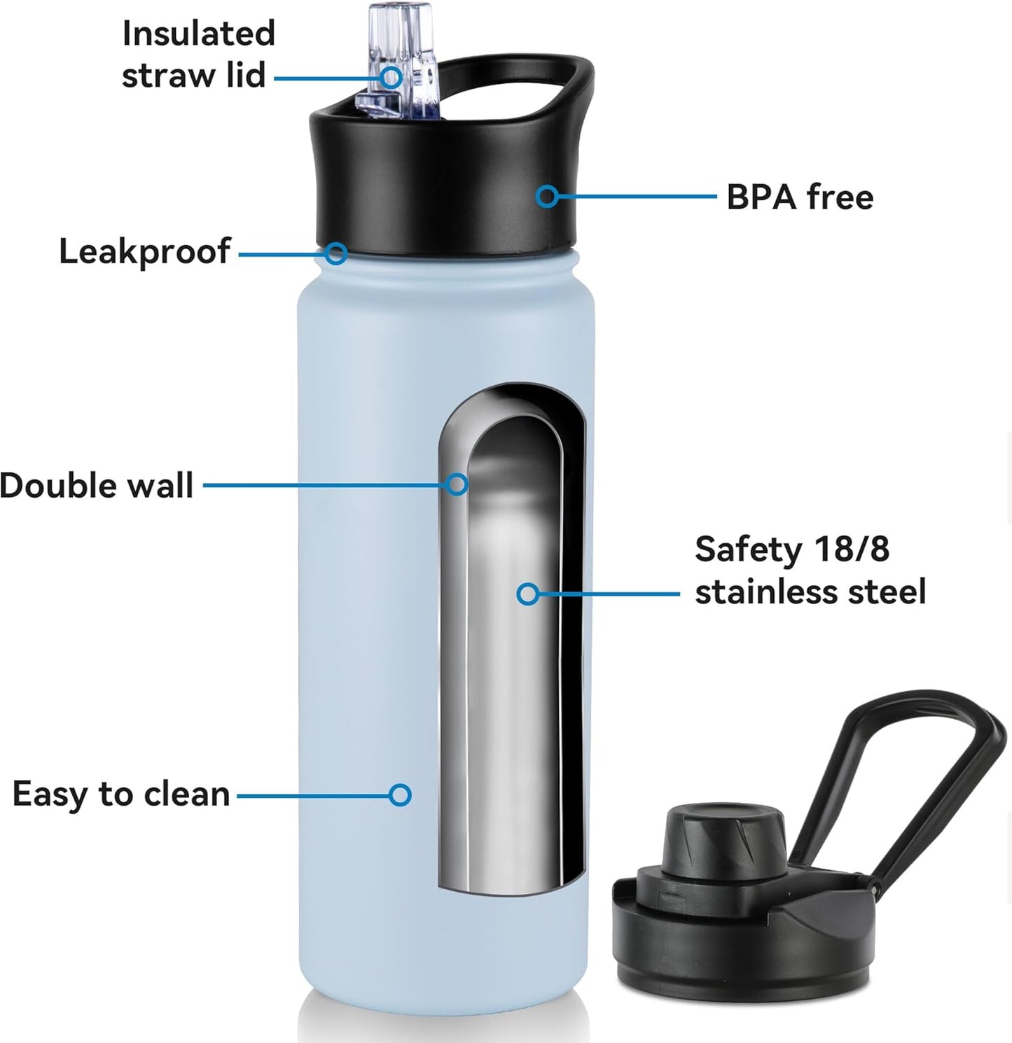 24oz Insulated Water Bottle with Straw Lid, Stainless Steel Metal Water Bottle with Straw & Wide Mouth Lid, Double Wall Vacuum Water Bottle for Hiking Camping, Light Blue 1 Pack