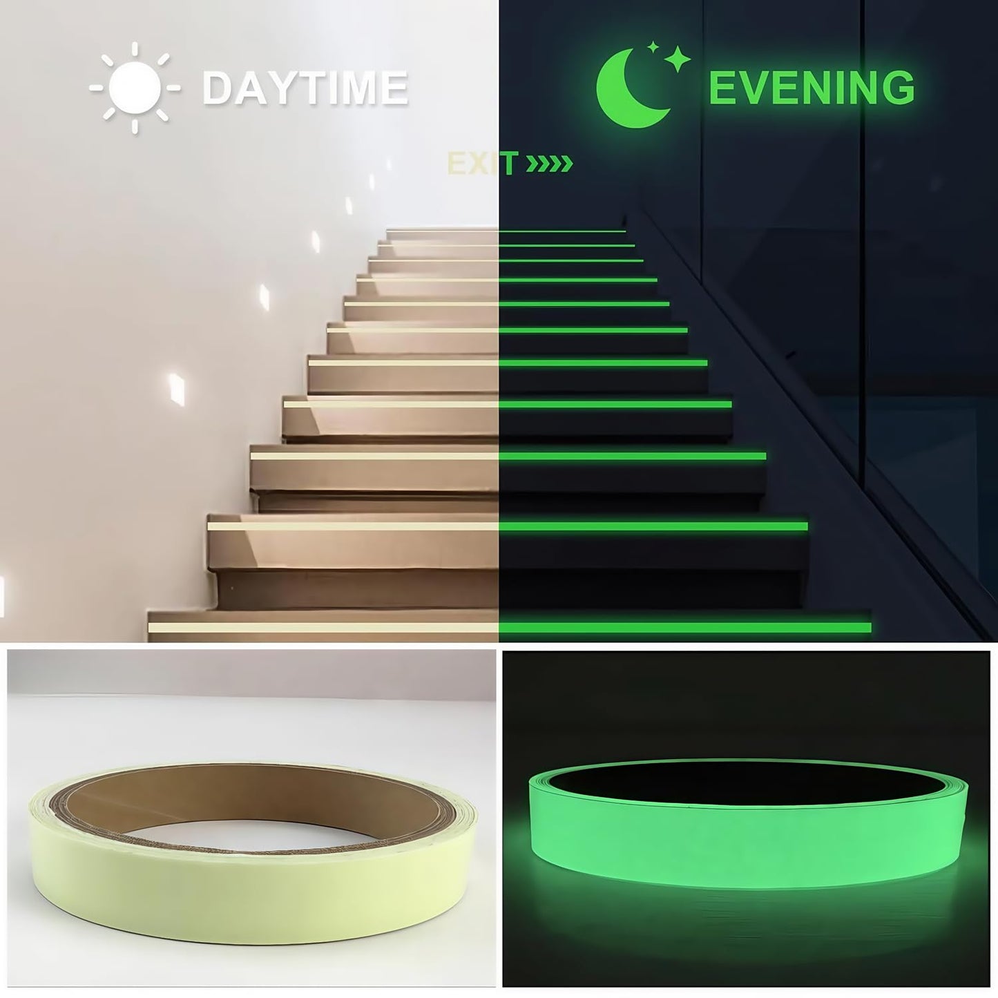 Glow in The Dark Tape 0.5Inch x 40FT - Fluorescent Glow Tape High-Adhesion Waterproof,Fluorescent Safety Tape, Photoluminescent for Stairs, Bikes, Outdoor Gear,Halloween DIY，Walls and Exit Sign