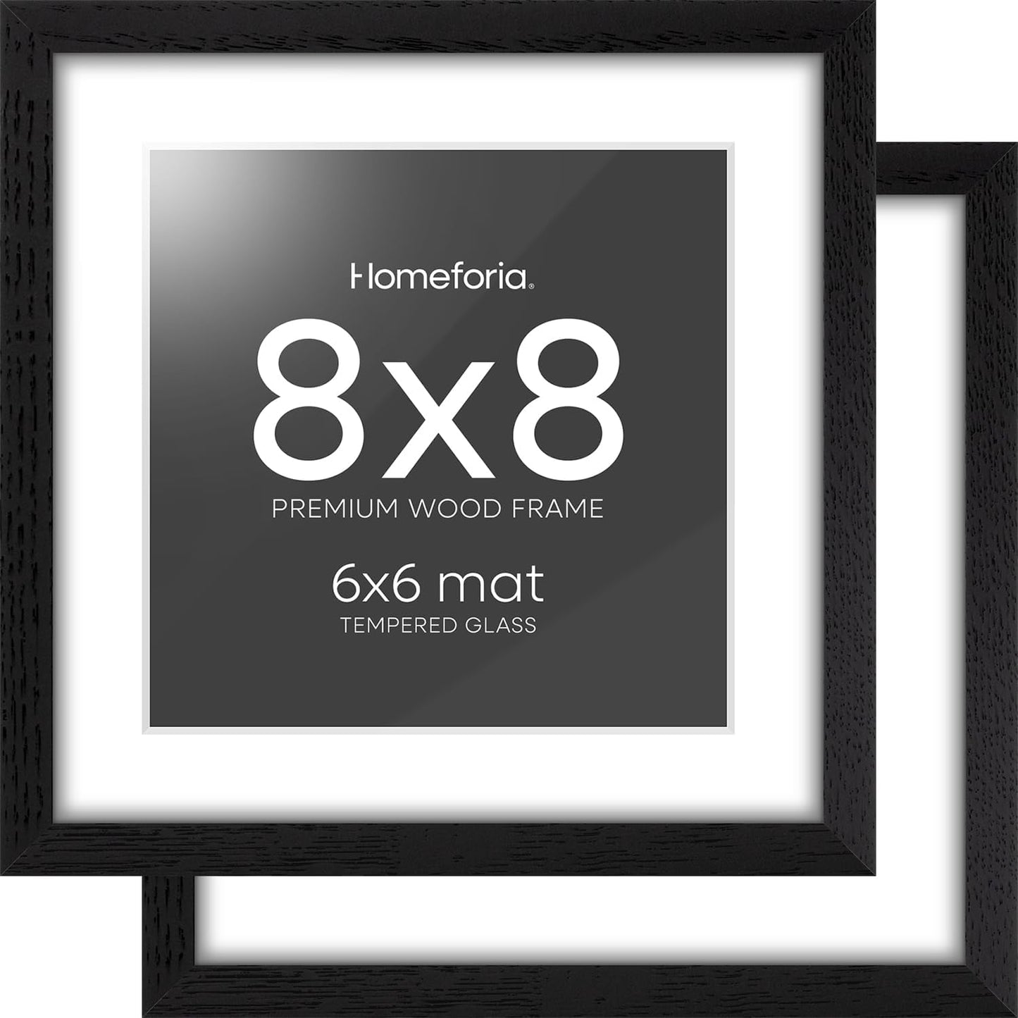 Homeforia 8x8 Picture Frame Black Wood, High-End Oak 8 x 8 Square Frames with Mat 6 by 6 inch Photo, 8x8 Wooden Frame Matted to 6x6 Art, 8by8 Wall or Tabletop Frame, Tempered Glass, Wall Kit, Set of 2