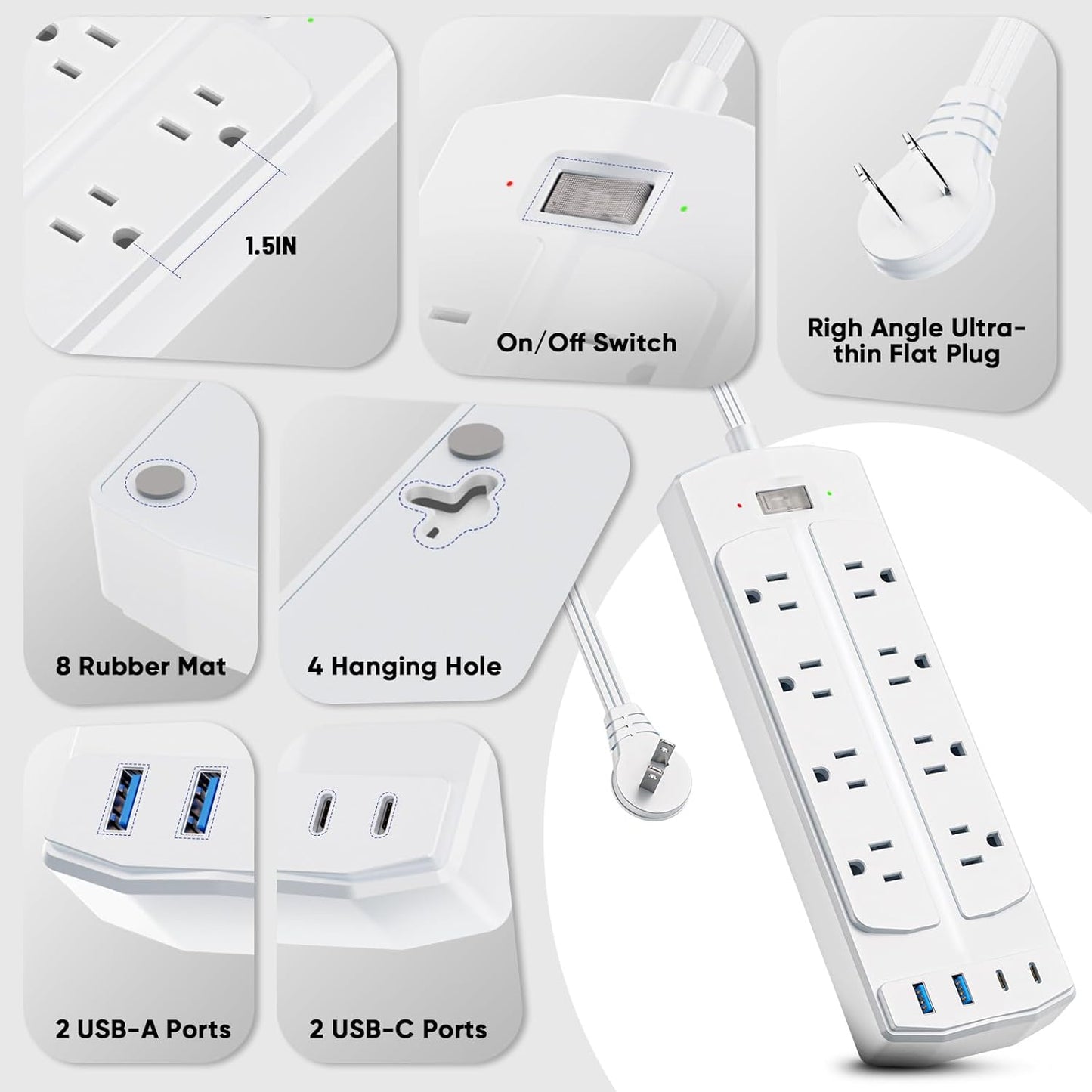 2 Prong Power Strip, Yozisital 2 Prong to 3 Prong Outlet Adapter, 5FT Extension Cord with Polarized Plug, 1200J Surge Protector, 8 AC Outlets & 4 USB, Wall Mountable, Ideal for Non-Grounded Outlets