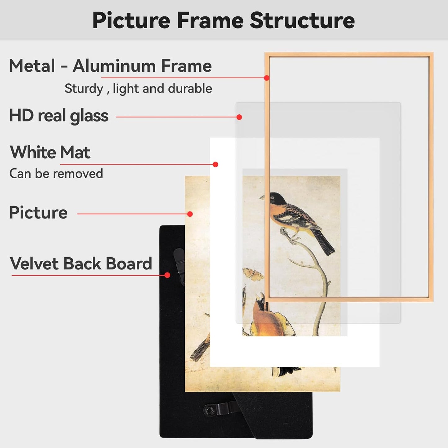 10x14 Picture Frame, Gold Aluminum Metal Photo Frames with HD Glass, Fits 8x10 with Mat or 10 x 14 without Mat, Display for Wall