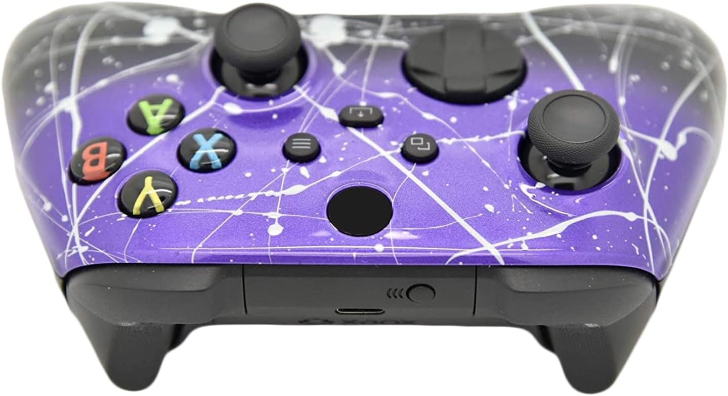 Hand Airbrushed Fade Custom Controller Compatible with Xbox Series X/S & Xbox One (Series X/S Purple & Black Fade W/Silver Splatter)
