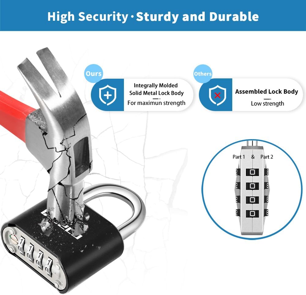 1 Pack disecu Heavy Duty 4 Digit Combination Lock, Anti-Error Feature, Outdoor Waterproof Padlock for School Gym Locker, Fence, Gate, Hasp Storage, Toolbox (Black)