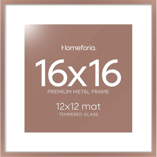 Homeforia 16x16 Picture Frame Mocha, High End Metal 16x16 Square Poster Frame Matted to 12x12 Print, 16 x 16 Mocha Frames with Mat 12 x 12 Photo, 16by16 Thin Frames, Tempered Glass, Wall Kit, Set of 1