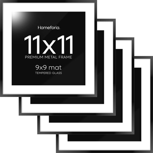 Homeforia 11x11 Picture Frame Black, High End Metal 11 by 11 Square Frames with Mat 9 x 9 Opening, 11by11 Poster Frames Matted to 9x9 inch Photo, Wall Hanging Frame, Tempered Glass, Wall Kit, Set of 4