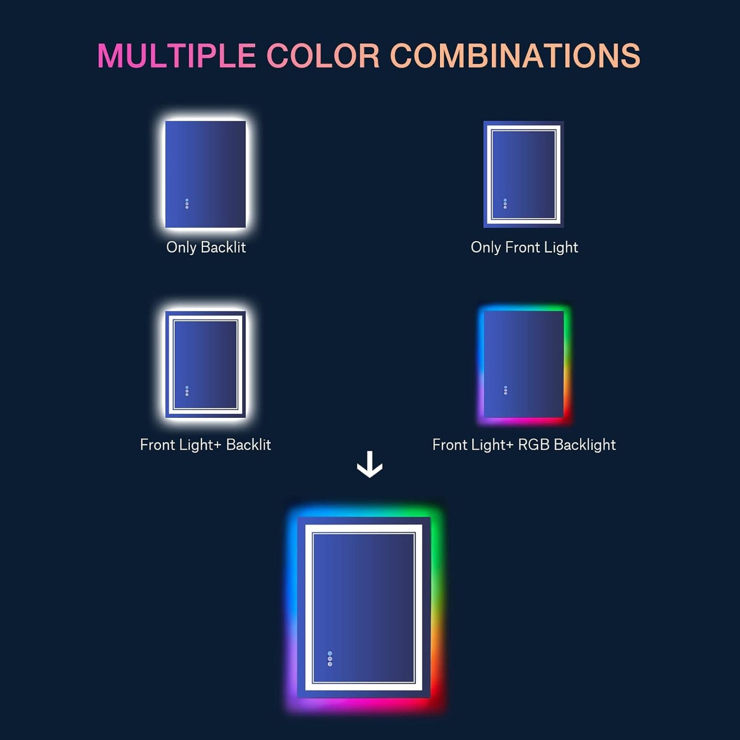 24x32 inch LED Bathroom Mirror RGB Color Changing Backlit Mirror Shatterproof Dimmable Anti-Fog Vanity Mirror with Double Lights (RGB Multicolor Backlit + Adjustable Front-Lighted)