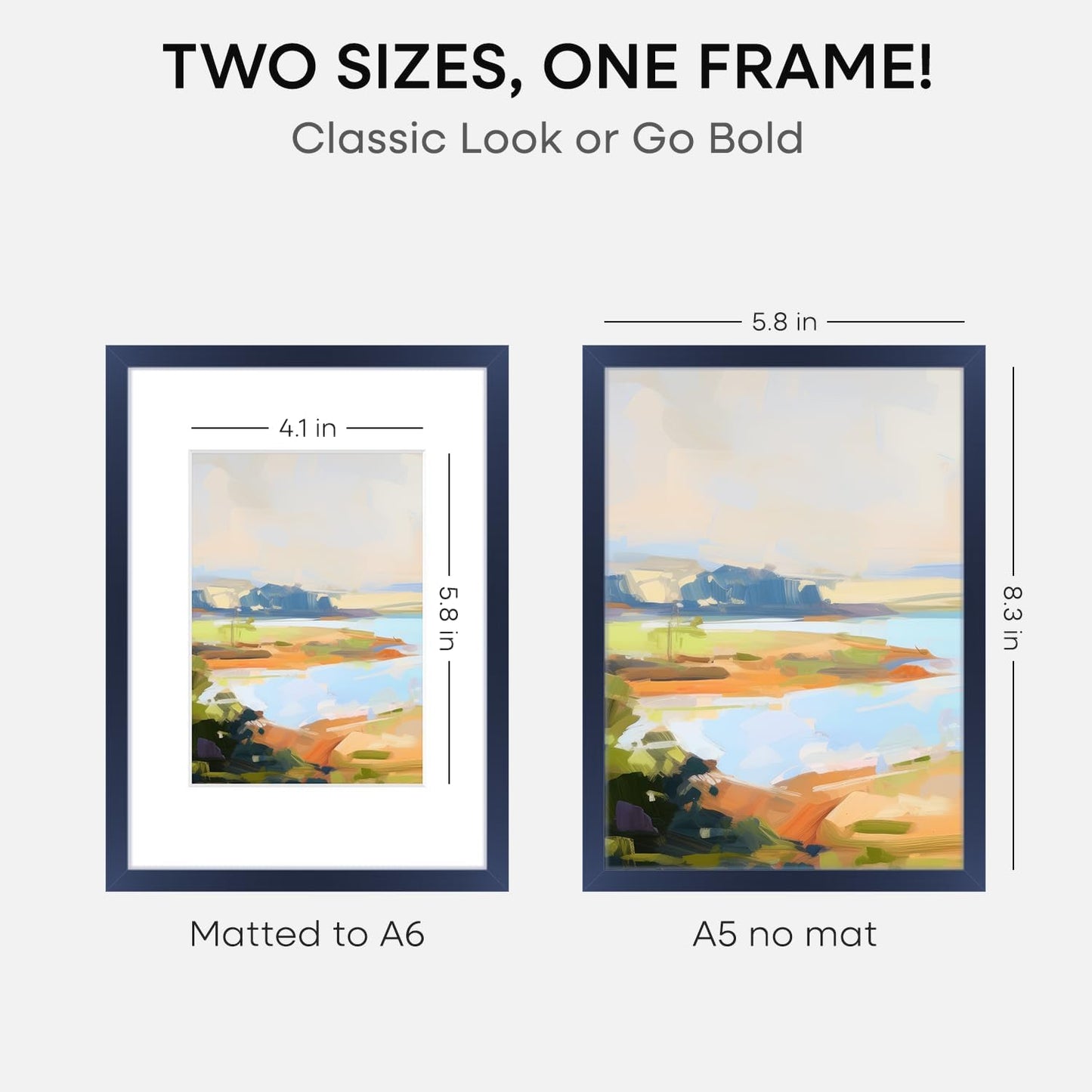 Homeforia A5 Navy Blue Frame, High End Metal 5.8 x 8.3 Picture Frames Matted to 4.1 by 5.8 inch Art, A5 Display Photo Frame with Mat A6, 5.8x8.3 Blue Poster Frames, Tempered Glass, Wall Kit, Set of 2