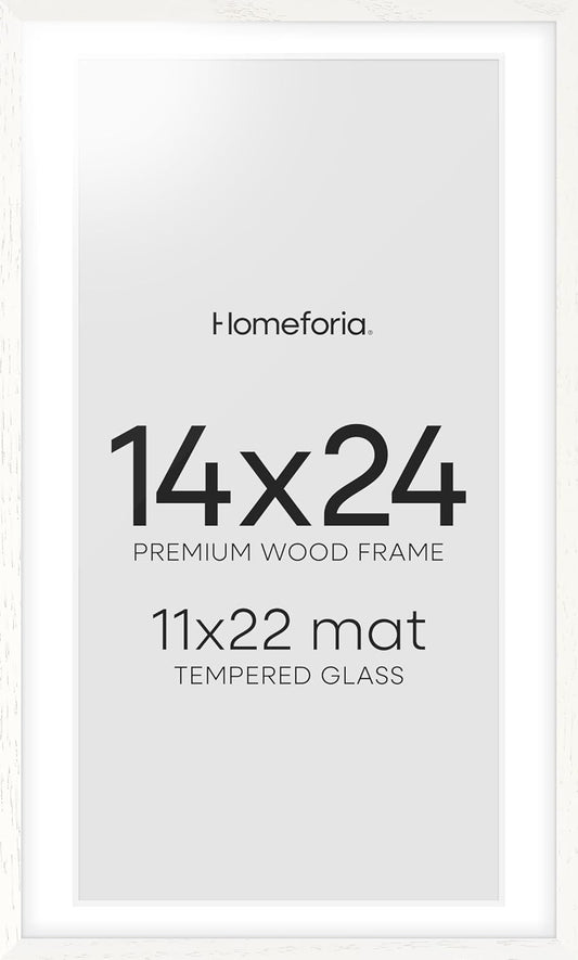 Homeforia 14x24 White Picture Frame, High End Oak 14x24 White Wooden Poster Frames with Mat 11x22 for Print, 14 x 24 Wood Frame Matted to 11 x 22 Photo, 24x14 Frame, Tempered Glass, Wall Kit, Set of 1