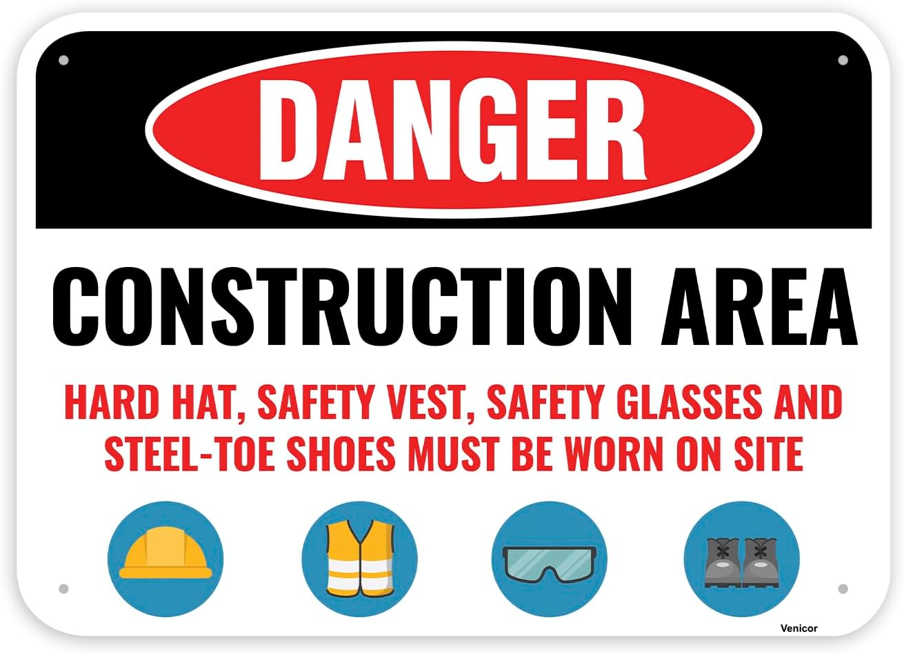 1PC Construction Signs, 14 x 10 Inches - Aluminum - Danger Area Under Construction Safety Site Signs For Jobsites