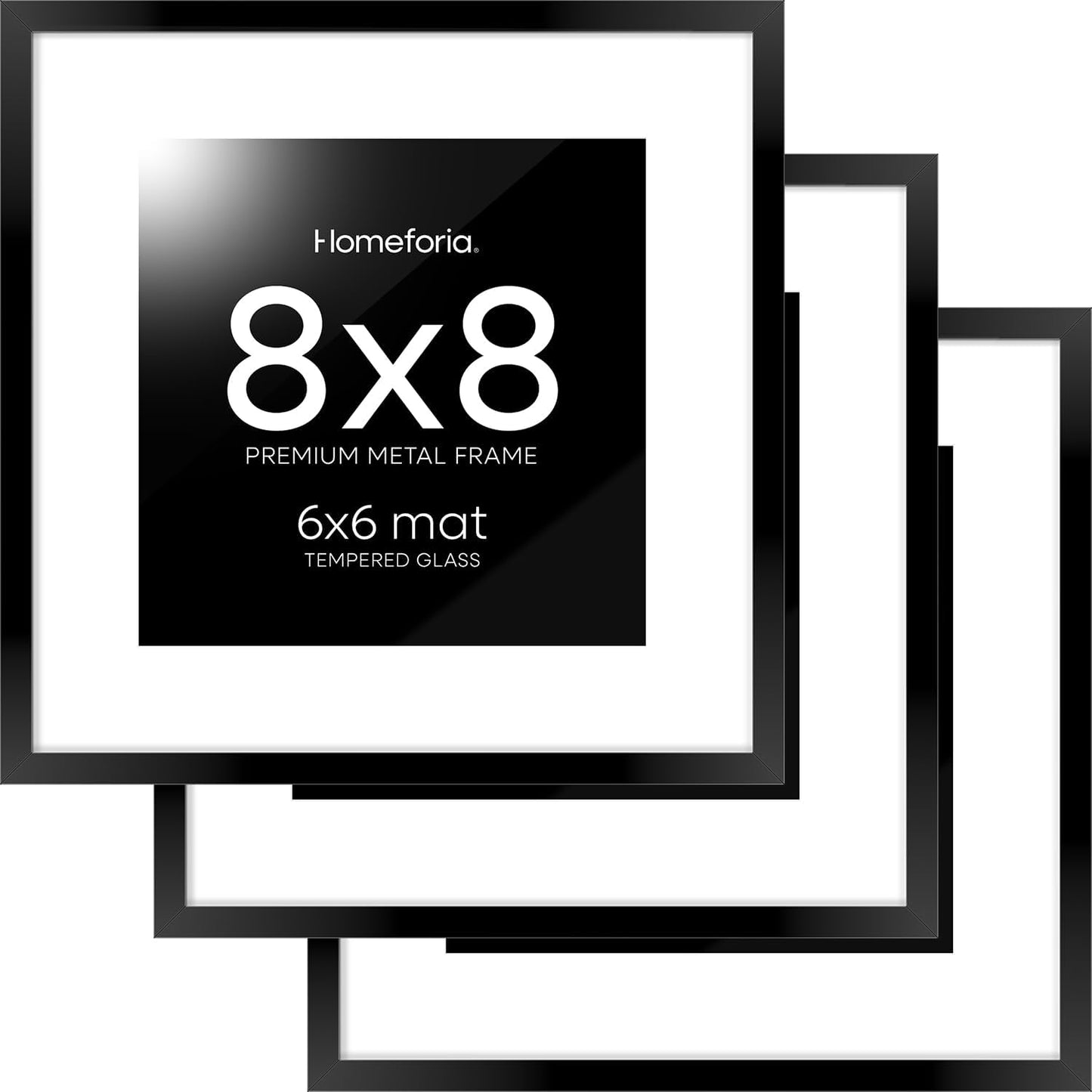 Homeforia 8x8 Black Picture Frame, High End Metal 8 x 8 Square Photo Frames with Mat 6 by 6, 8x8 Poster Frame Matted to 6x6 inch Print, 8by8 Wall or Tabletop Frames, Tempered Glass, Wall Kit, Set of 3