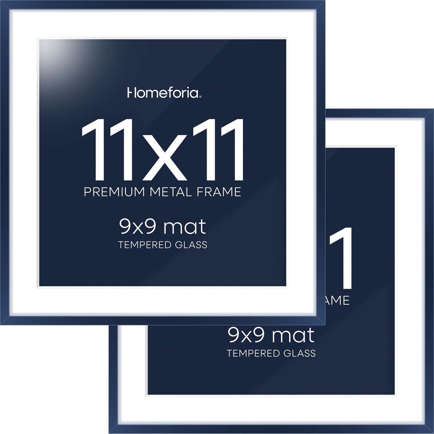 Homeforia 11x11 Navy Blue Picture Frame, High End Metal 11 by 11 Square Frames with Mat 9 x 9 Photo, 11by11 Poster Frame Matted to 9x9 inch Art, Wall Hanging Frames, Tempered Glass, Wall Kit, Set of 2