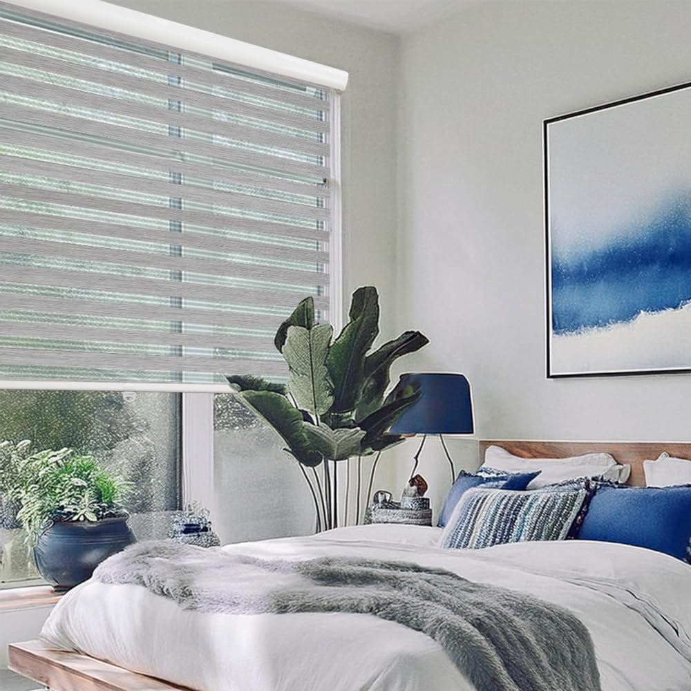 Shadesu Cordless Zebra Blinds for Windows, 52" W x 72" H, Grey, Dual Layer Free-Stop Zebra Shades, Light Control for Day and Night, Sheer Blinds for Indoor Windows, Bedroom, Kitchen