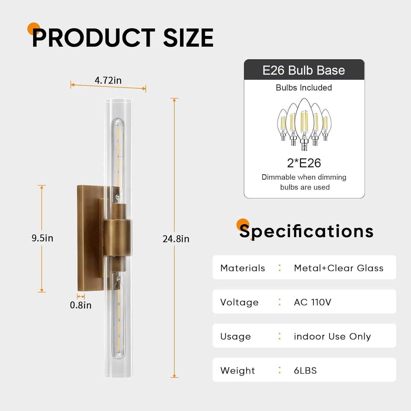 24.8" L Minimalist Style Wall Sconces Set of 2, Brass Wall Lights Fixtures Morden Cylinder Wall Light for Bathroom Vanity Light Indoor Wall Mounted Lamps for Living Room,Bedroom,Hallway