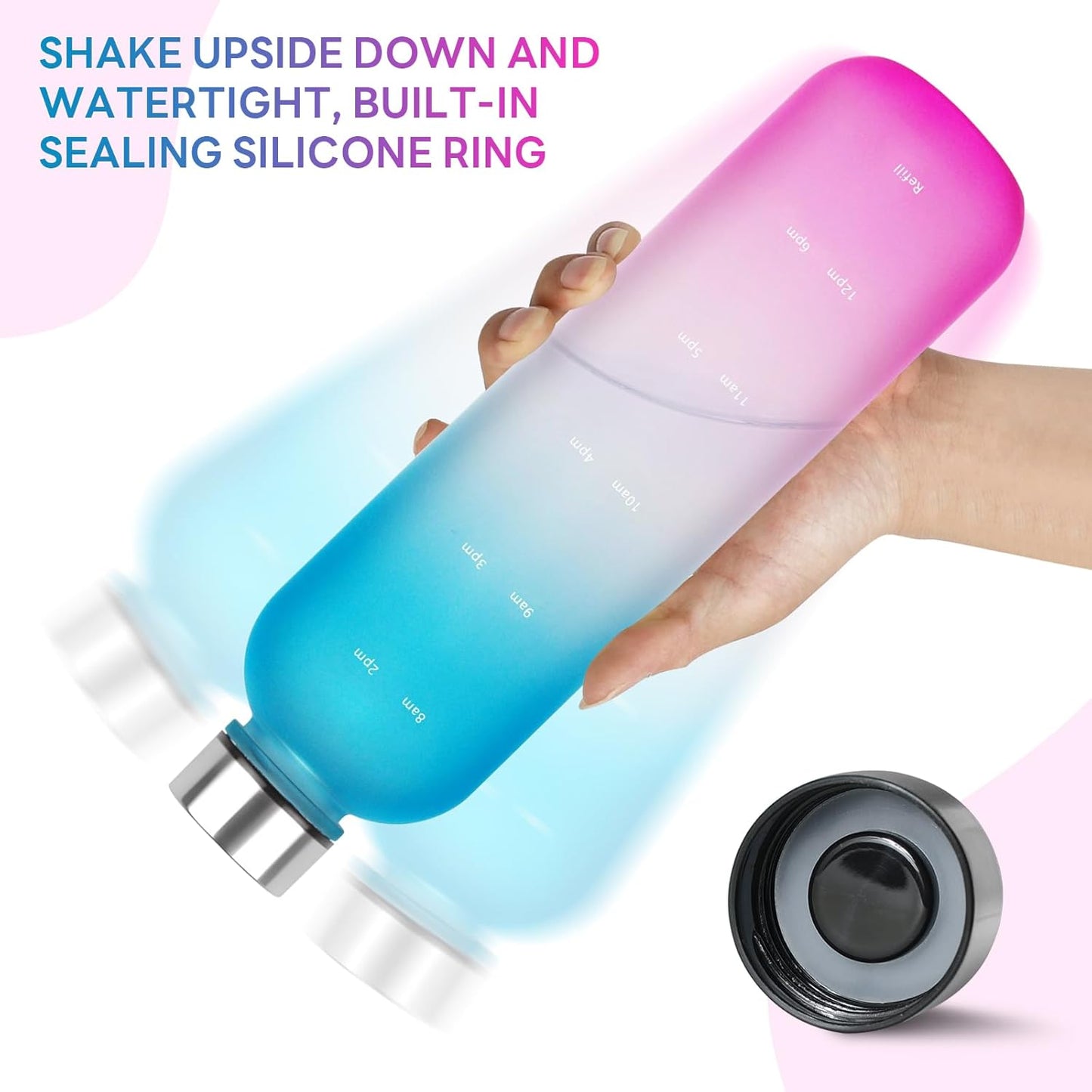 1L（33 oz） daily tracking schedule time hours reminder motivational day goals hydration capacity measured marker tracker plastic wide mouth measurements water bottle