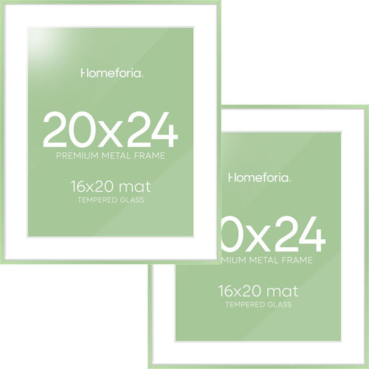 Homeforia 20x24 Frame Sage Green, High End Metal 20x24 Poster Frames with Mat 16x20 inch Photo, 20 x 24 Sage Green Picture Frame Matted to 16 by 20 Art, 24x20 Frame, Tempered Glass, Wall Kit, Set of 2