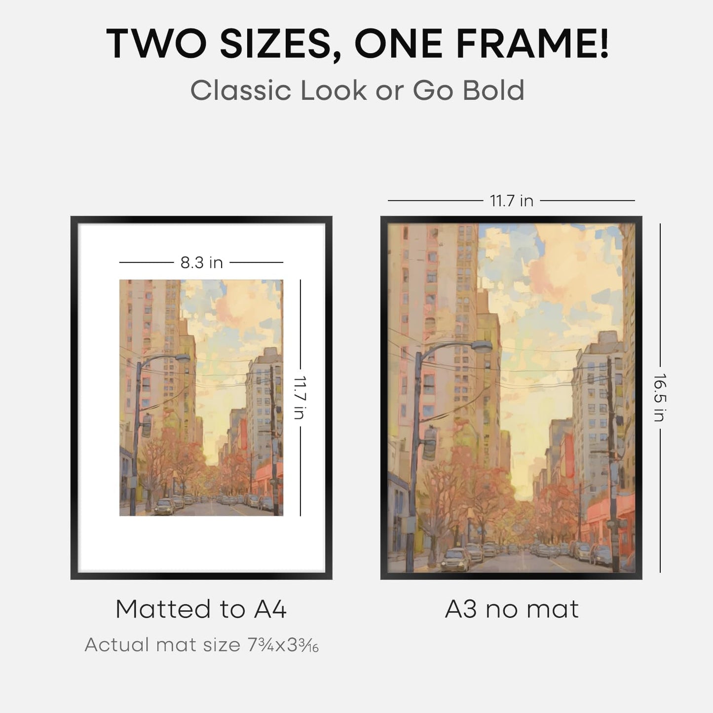 Homeforia A3 Picture Frame Black, High End Metal 11.7 x 16.5 inch Poster Frames with Mat 8.3 x 11.7 for Photo, A3 Size Frames Matted to A4 Print, 11.7x16.5 Wall Hanging Frame, Tempered Glass, Set of 2