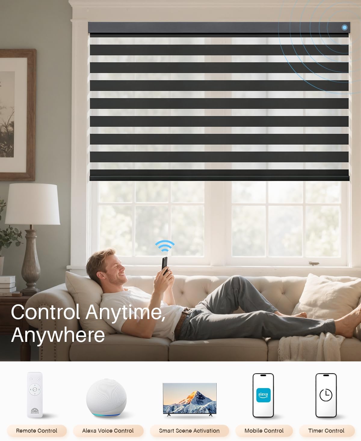 Smart Zebra Blinds for Windows, Alexa Motorized Blinds with Remote Control, Automatic Electric Power Zebra Shades for Indoor Windows (45" W x 72" H, Black)