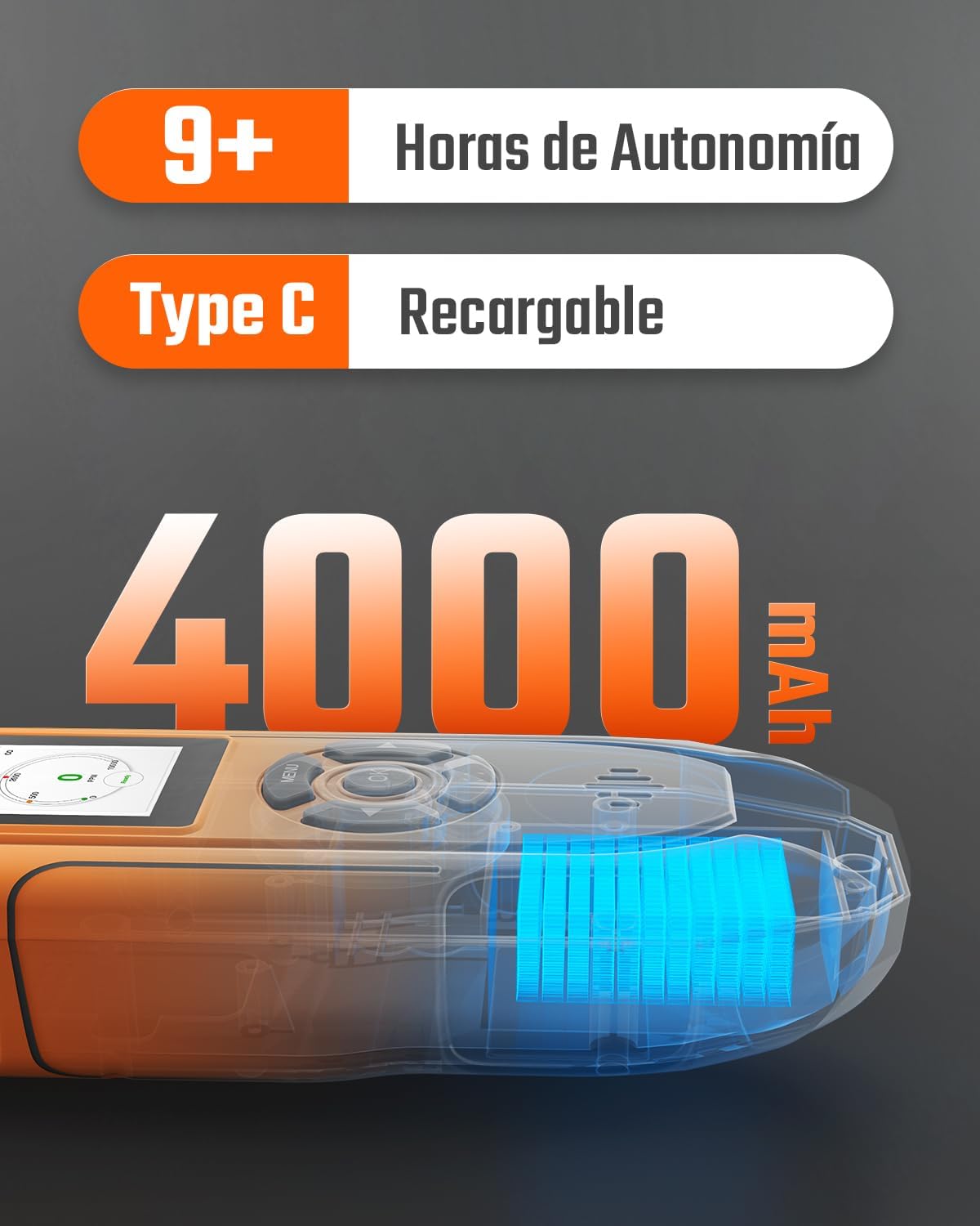 TopTes PT-990 Rechargeable Gas Leak Detector with 11 inch Probe, Detection Range 0-10000 ppm, Data Logging & 3 Types Alarm, Natural Gas Detector for Propane, Methane for Industrial & Home - Orange