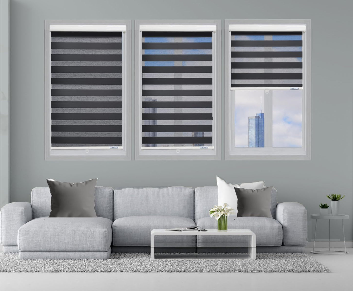 ShadesU Cordless Zebra Blinds – Light Filtering Dual-Layer Window Shades for Privacy (Black Color) (Maximum Height 72") (Width 39")