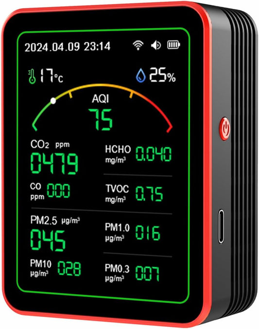 15-in-1 Air Quality Monitor Smart Air Quality Tester with CO2/HCHO/TVOC/AQI/PM0.3/PM1.0/PM2.5/PM10/Temperature/Humidity/Time/Alarm Clock/Timer/Countdown Timer Mobile APP WiFi for Home & Office