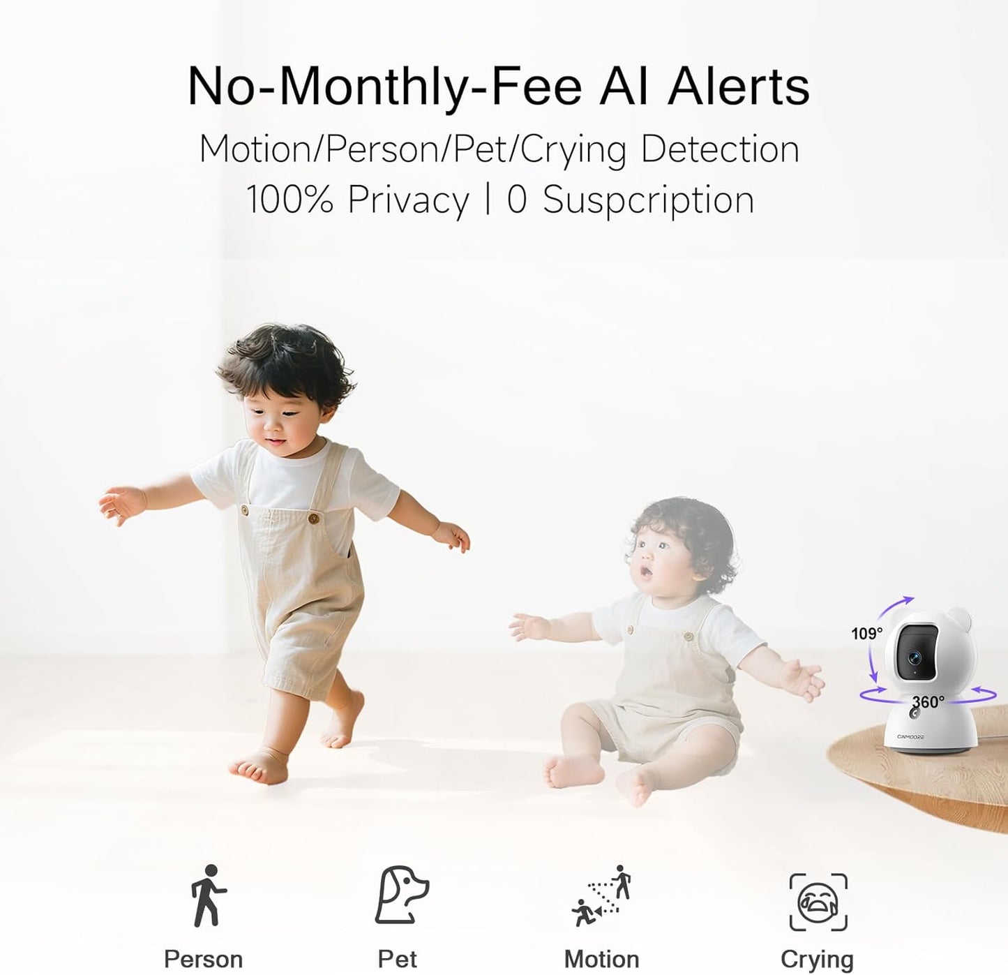 2.5K Indoor Camera 2pack, Non-Subscription AI Person/Pet/Cry Detection, 4MP Pet/Dog/Cat/Baby Camera w/Phone App, Pan Tilt 2.4GHz WiFi Cameras for Home Security, Night Vision, Full Duplex 2-Way Audio