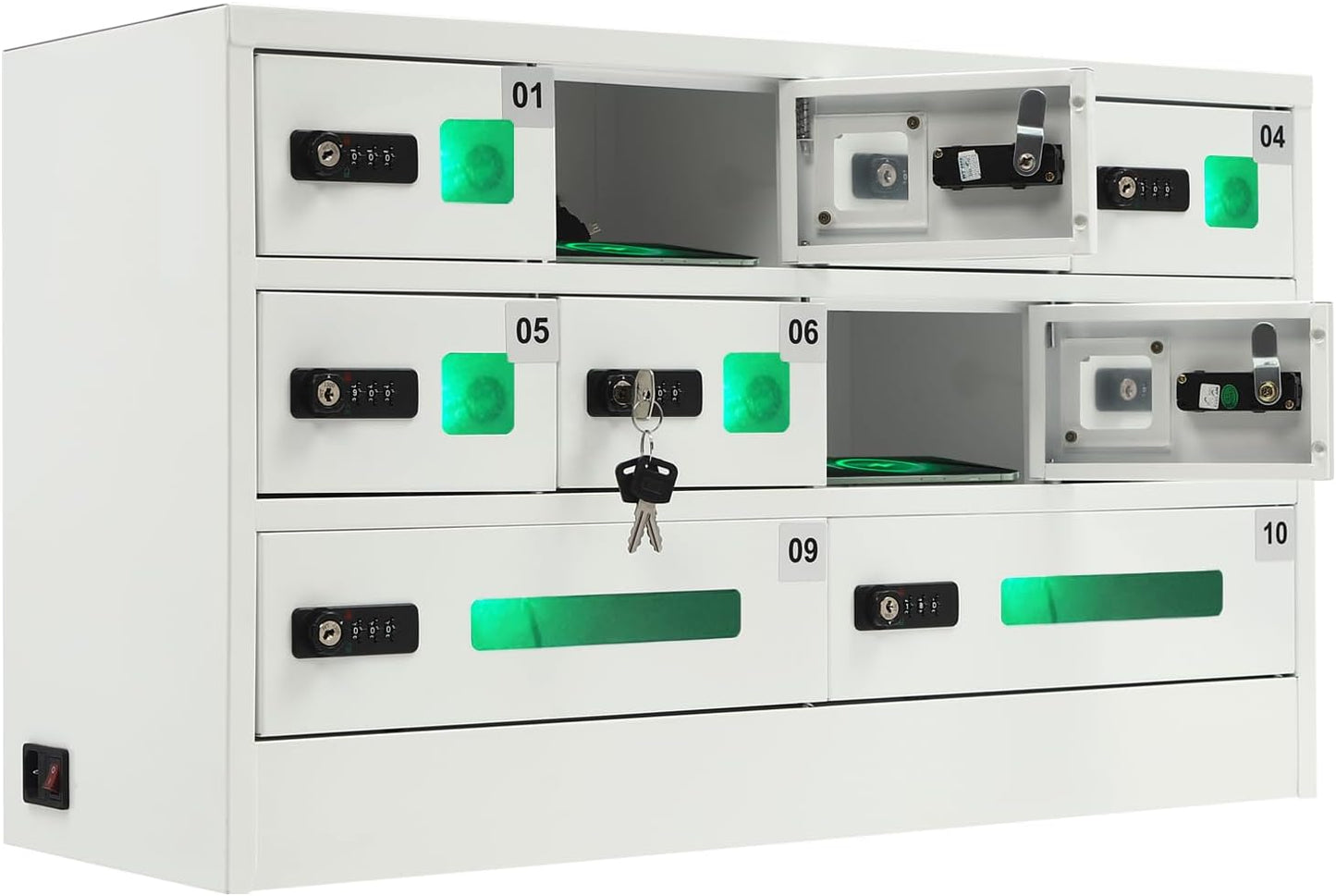 10 Slots Cell Mobile Phone Steel Locker with Combination Lock, Cellphone Charging Station with 3 in 1 Charging Ports for Most Phones, Cellphone Locker for Schools, Conference Rooms, and Offices
