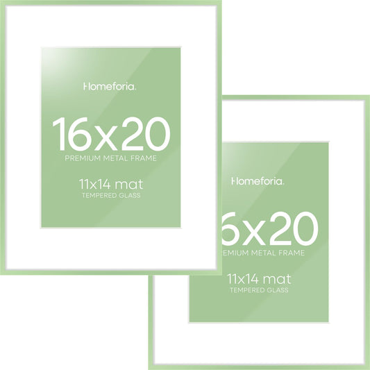 Homeforia 16x20 Sage Green Picture Frame, High End Metal 16x20 Poster Frame with Mat 11x14 inch Photo, 16 x 20 Sage Green Frame Matted to 11 by 14 Art, 20x16 Frame, Tempered Glass, Wall Kit, Set of 2